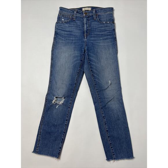 Madewell Skinny Jeans Size 27 Curvy High Rise Raw Hem Ripped Medium Wash Crop - Picture 1 of 10